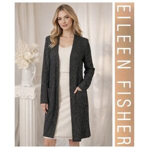 Eileen Fisher Black Metallic Open Front Merino Wool Blend Cardigan Sweater M